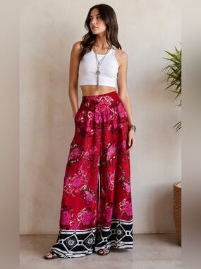 ANALILI Wide Leg Palazzo Pants Flowy Soft Satin Red Pink Paisley - NEW - Large